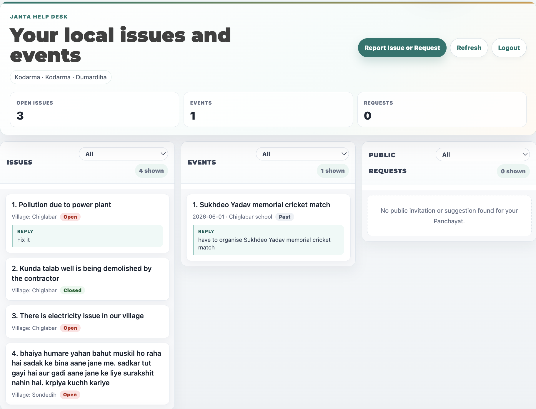 Public dashboard showing local issues, events and public requests for Dumardiha